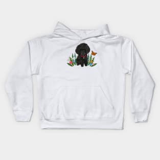 Black Fluffy Poodle Sitting on Grass with Flowers Kids Hoodie